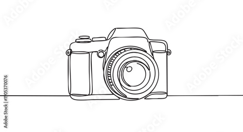 Minimalist continuous line drawing camera with a prominent lens is depicted in a modern artistic style, showcasing simplicity and creativity with clean black lines