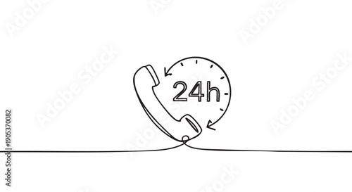 Continuous line drawing of a telephone receiver icon with "24h" inside a circular clock symbol, representing round-the-clock customer service in a minimalist black and white style