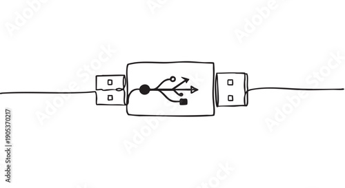 Hand-drawn doodle style USB cable with a universal serial bus symbol prominently displayed, rendered as a simple black line art illustration