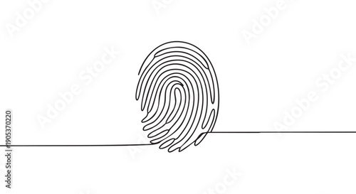 Single continuous line drawing of a fingerprint, symbolizing identity, security, and unique personal authentication in a minimalist, modern graphic style