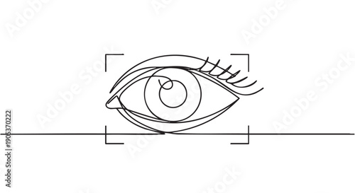 Minimalist continuous line drawing of a human eye with eyelashes and a circular iris, framed by targeting marks and a horizontal line, depicted in a clean, modern vector style