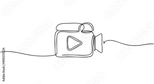 Continuous line drawing video camera with a play button icon illustrates the concept of video production, streaming, and multimedia content in a minimalist black and white style