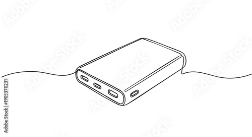 Sleek portable power bank is depicted in a continuous single line art style, showcasing its multiple charging ports and minimalist design