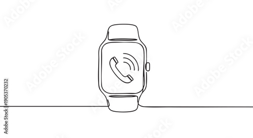 Minimalist continuous line drawing of a smartwatch displaying a ringing phone call icon on its screen, rendered with a simple, elegant black outline style