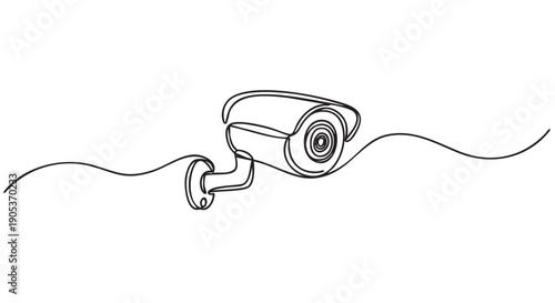 Continuous line drawing security camera with a sleek, modern design, captured in a minimalist black and white illustration, emphasizing constant surveillance and protection