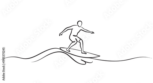 Minimalist black line art illustration of a surfer riding a wave on a surfboard, captured in a dynamic and energetic pose with a clean, graphic style