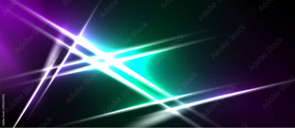 Fototapeta premium Abstract vibrant lines intersect, creating bright energy. Teal, purple hues dominate dark background. Light radiates, forming dynamic visual effect.