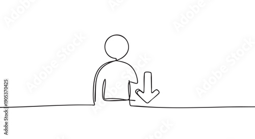 Continuous line drawing of a person icon with a prominent downward arrow, rendered in a minimalist black outline style, representing user download, profile management, or access