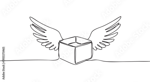 Minimalist continuous line drawing of an open box with outstretched wings, conveying concepts of fast delivery, freedom, and new opportunities