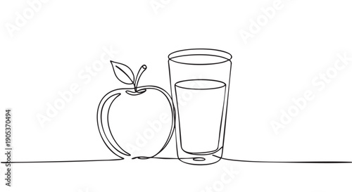Minimalist continuous line drawing of an apple with a leaf and a tall drinking glass, rendered in a simple, elegant, and modern artistic style with a single flowing black stroke