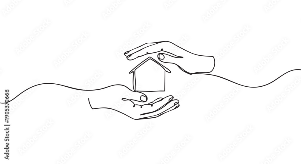 Obraz premium Two hands protectively hold a small house icon in a continuous line art drawing, symbolizing home security and care with a minimalist aesthetic