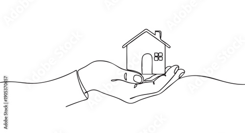 Minimalist continuous line drawing hand holding a small house icon, symbolizing concepts of home ownership, real estate investment, and property protection with a clean, conceptual aesthetic
