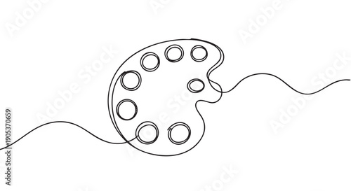 Minimalist continuous line drawing of an artist's palette featuring multiple circular depressions for paint, with the single flowing line extending outwards in a creative wavy pattern