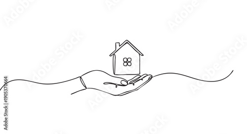 Continuous line drawing illustrates a hand holding a small house icon, symbolizing concepts of home, protection, security, and real estate in a simple, minimalist style