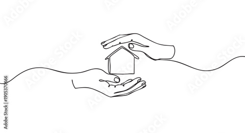 Two hands protectively hold a small house icon in a continuous line art drawing, symbolizing home security and care with a minimalist aesthetic