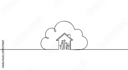Minimalist black line drawing depicts a smart home cloud concept with integrated circuit elements, symbolizing modern connectivity and digital integration