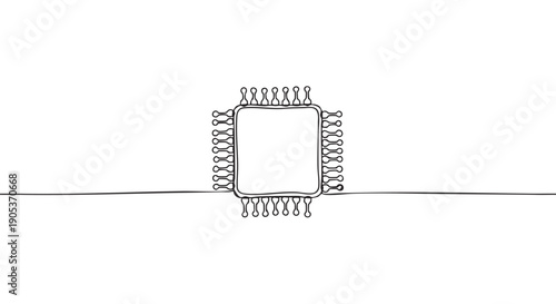 Minimalist continuous line drawing of a microchip with numerous pins, rendered in a clean, modern artistic style, symbolizing technology and innovation