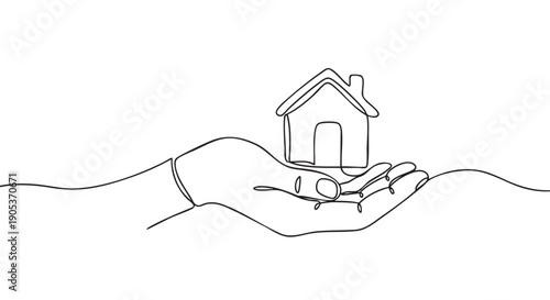 Continuous line drawing of a hand holding a small house, rendered in a minimalist and clean artistic style, symbolizing home ownership and protection