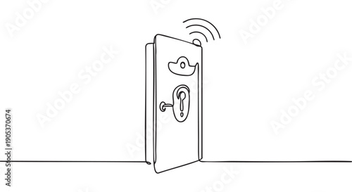 Minimalist line art drawing of an open door featuring a cloud icon, a question mark, and wireless signal waves, symbolizing digital access and connectivity