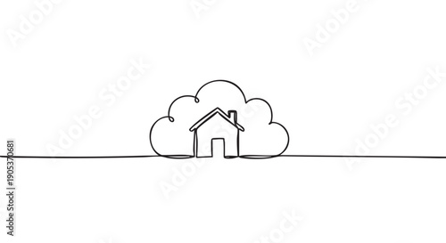 Continuous line drawing of a house and cloud, rendered in a minimalist artistic style, symbolizing smart home technology and data storage