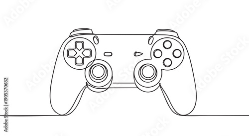 Modern video game controller is depicted in a sleek, continuous single line art style, showcasing its essential buttons and joysticks from a direct front perspective