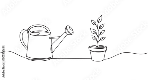 Minimalist continuous line drawing of a watering can and a small potted plant symbolizes growth, care, and nurturing in a simple, elegant artistic style