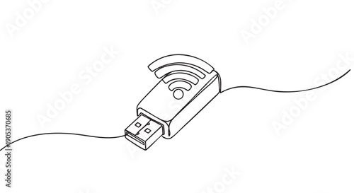 Minimalist line drawing of a USB Wi-Fi adapter with a wireless signal icon, depicted in a continuous single black line illustration style
