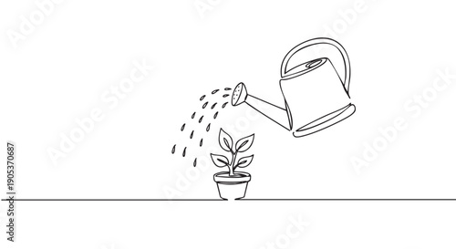 Continuous line drawing shows a small potted plant being watered by a classic watering can, illustrating concepts of growth and care in a minimalist black and white style