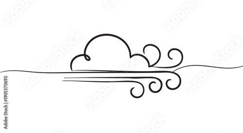 Simple hand-drawn black cloud with wind blowing in a minimalist doodle style, depicted with flowing lines and swirls, conveying a light and airy artistic impression