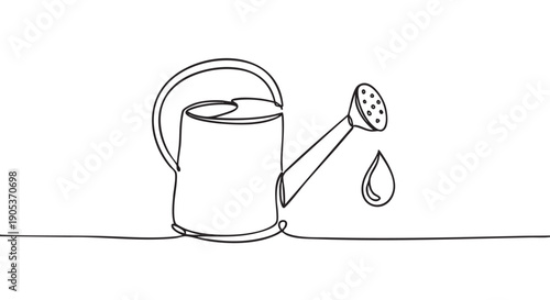 Minimalist black line art watering can is elegantly depicted with a single water drop falling, symbolizing gardening, growth, and care in a clean, illustrative style