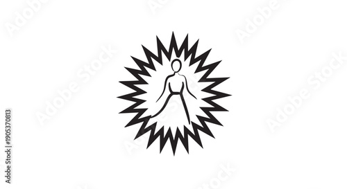 Stylized black outline human figure stands within a jagged, spiky circular burst, conveying concepts of energy, impact, and powerful expression