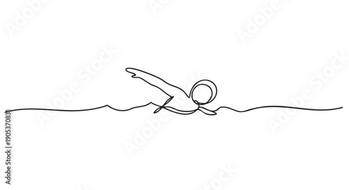 Continuous line art drawing of a swimmer performing a freestyle stroke in the water, depicted with a minimalist and fluid aesthetic