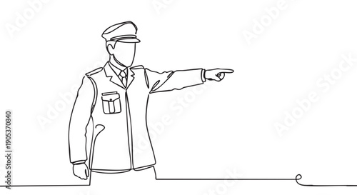 Continuous line art drawing of a uniformed person wearing a cap and pointing to the right, depicted with a minimalist and modern aesthetic