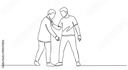 Two continuous line drawn male figures are depicted in a supportive interaction, with one person offering assistance to the other who appears to be in distress, rendered in a minimalist artistic style