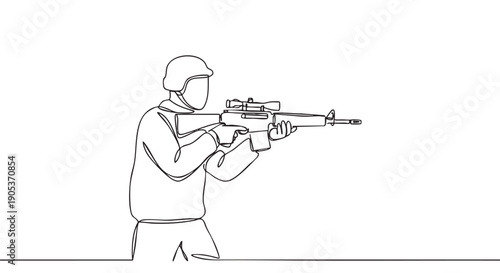 Continuous line drawing of a soldier wearing a helmet and holding a rifle with a scope, aiming forward in a dynamic, minimalist art style