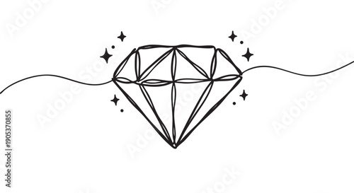 Hand-drawn doodle style sparkling diamond illustration with small stars and wavy lines, presented in a simple, minimalist black and white aesthetic
