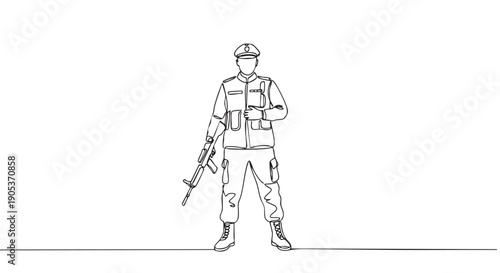 Uniformed person stands holding a rifle, depicted in a striking continuous one-line drawing style, conveying a sense of vigilance and authority with a minimalist aesthetic