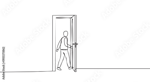 Minimalist continuous line drawing of a person walking through an open doorway, holding the handle, symbolizing new opportunities and transitions