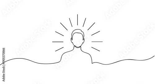 Minimalist continuous line drawing of a human head with radiating lines above, symbolizing a bright idea, enlightenment, or creative thought in a clean, abstract style