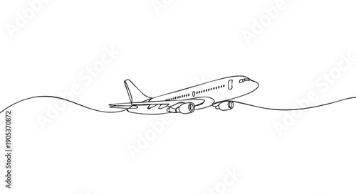 Minimalist black line art airplane illustration, drawn with a single continuous stroke, depicts a modern passenger jet in motion, showcasing its sleek design and journey concept