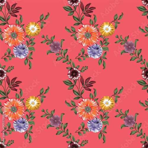 Delicate watercolor floral pattern with pastel pink, yellow, blue, and red flowers, interwoven with green leaves on a light cream background. Hand painted brushstrokes 