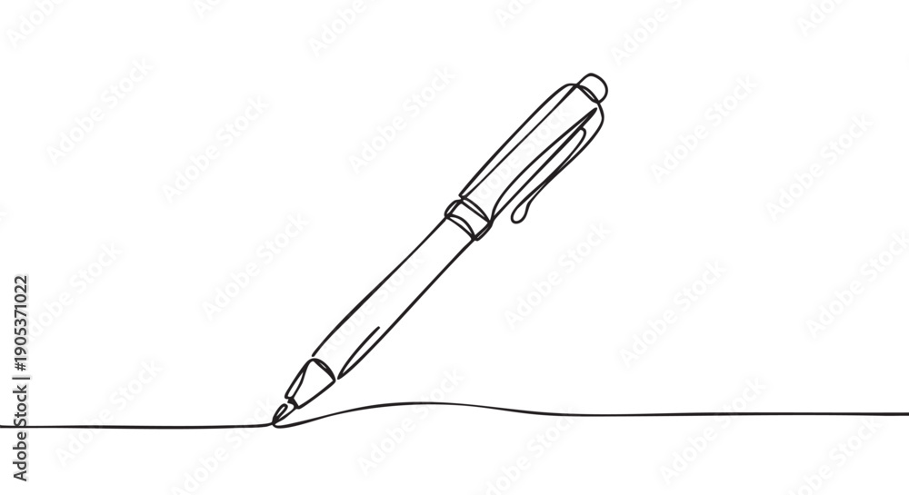 Fototapeta premium Continuous line drawing of a sleek pen writing a wavy line, illustrating creativity, communication, and simplicity with a minimalist aesthetic