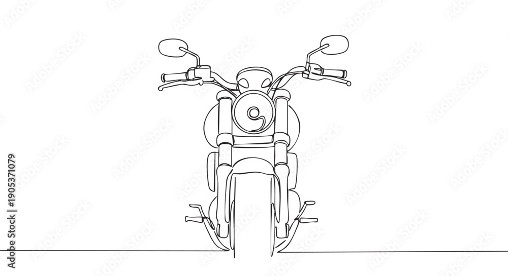 Fototapeta premium Minimalist continuous line art motorcycle is depicted from a front view, showcasing its classic shape with handlebars, mirrors, and a prominent headlight in a clean, simple illustration