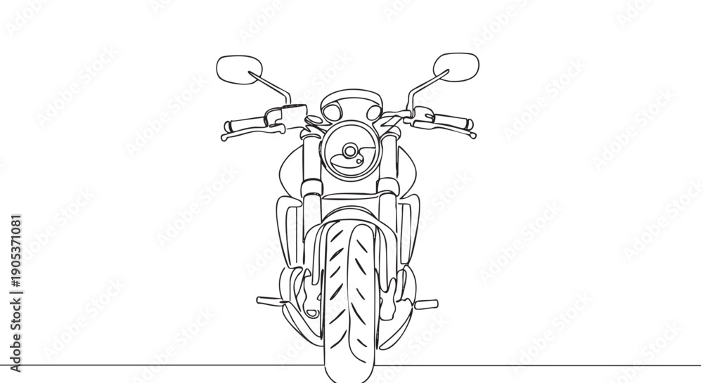 Obraz premium Minimalist single line art motorcycle drawing, viewed from the front, showcases its classic design with a prominent headlight, handlebars, and front wheel in a clean, artistic illustration