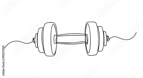 Minimalist continuous line art dumbbell illustration, depicting a single piece of fitness equipment with a smooth, artistic, and modern aesthetic