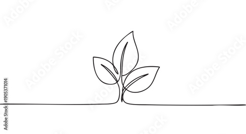 Minimalist continuous line art drawing of three leaves emerging from a single horizontal stroke, conveying growth, nature, and simplicity with elegant black lines