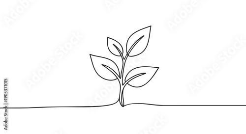 Simple continuous line drawing of a plant sprout with several leaves emerging from the ground, rendered in a clean, minimalist art style