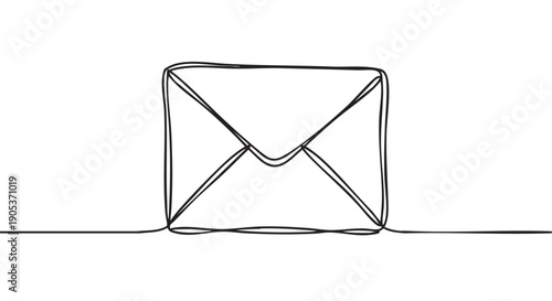 Minimalist continuous line drawing of an envelope, rendered with a single flowing black stroke, conveying simplicity and connection in a clean, artistic style