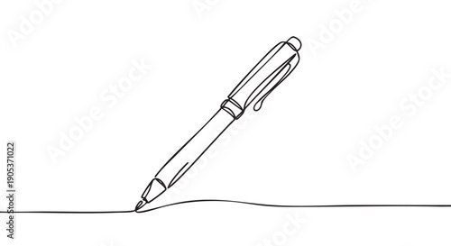 Continuous line drawing of a sleek pen writing a wavy line, illustrating creativity, communication, and simplicity with a minimalist aesthetic