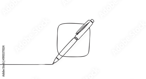 Minimalist continuous line art drawing pen creates a smooth black line and a rounded square shape, illustrating concepts of creativity, writing, and design